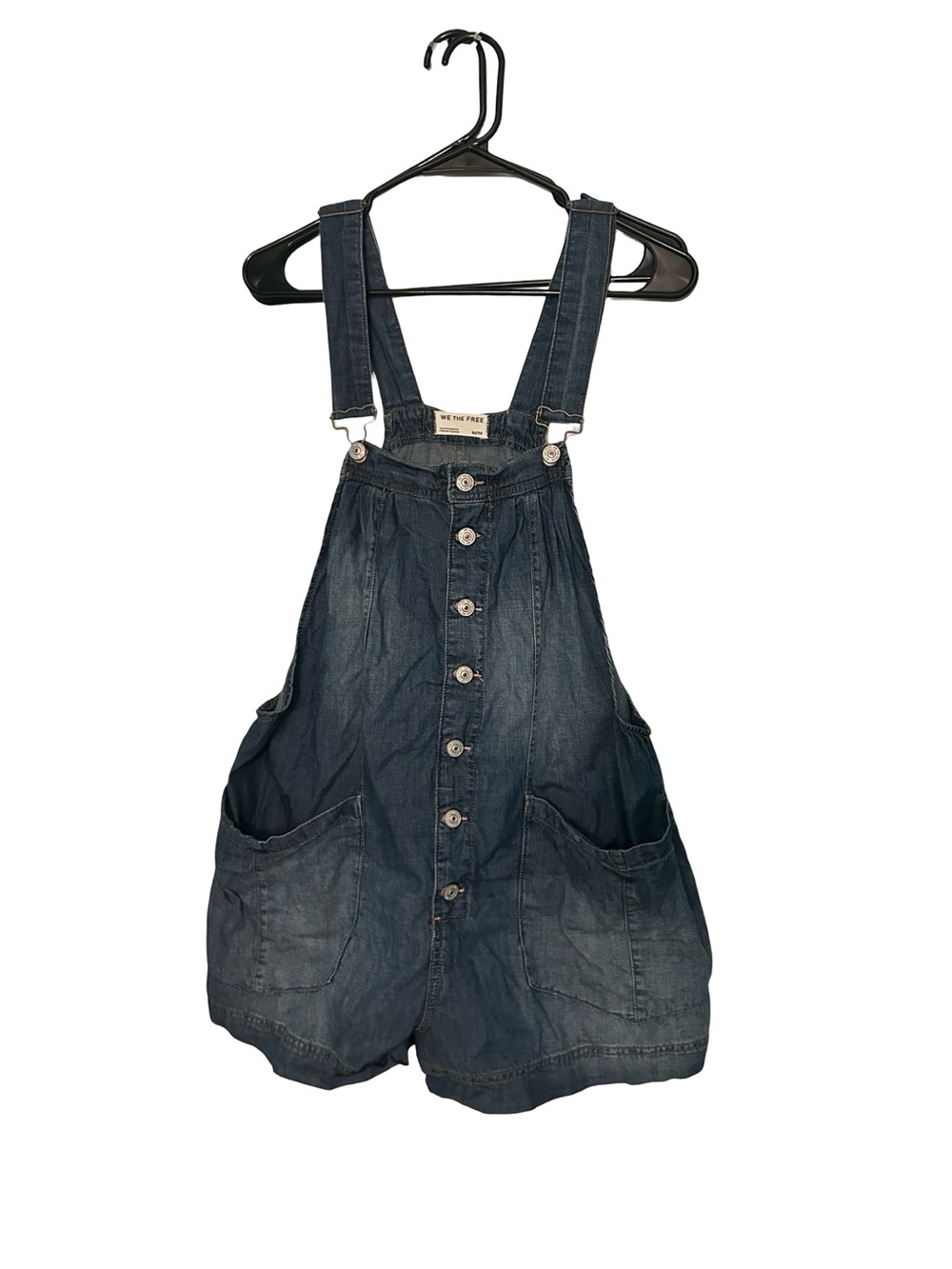 We The Free Dark Blue Denim Button-Front Short Overalls